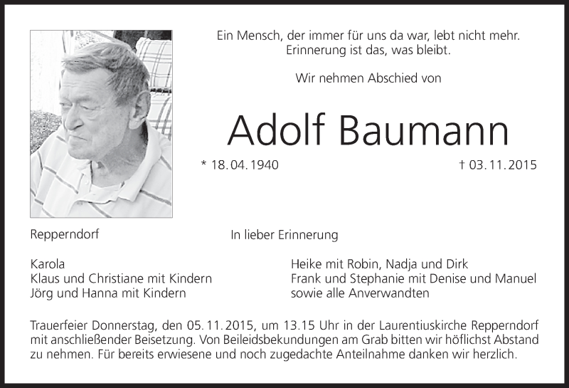  Traueranzeige für Adolf Baumann vom 05.11.2015 aus MGO