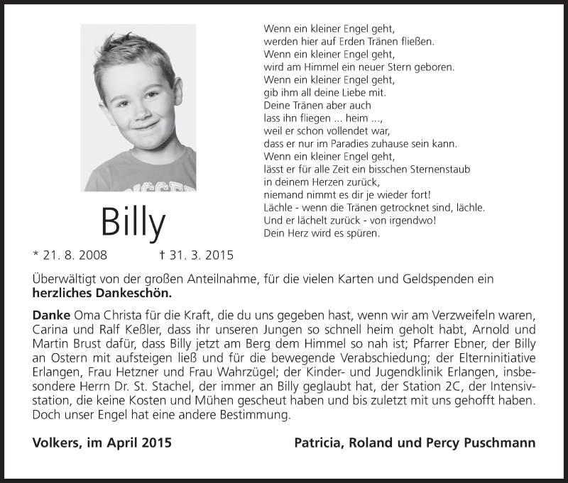  Traueranzeige für Billy  vom 11.04.2015 aus MGO