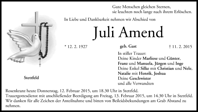  Traueranzeige für Juli Amend vom 12.02.2015 aus MGO