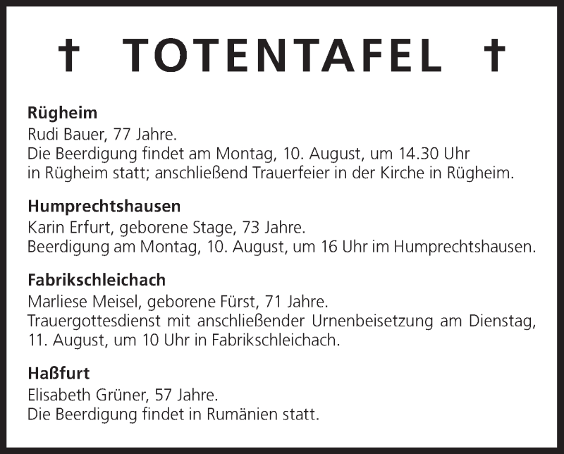  Traueranzeige für Totentafel vom 10.08.2015 vom 10.08.2015 aus MGO