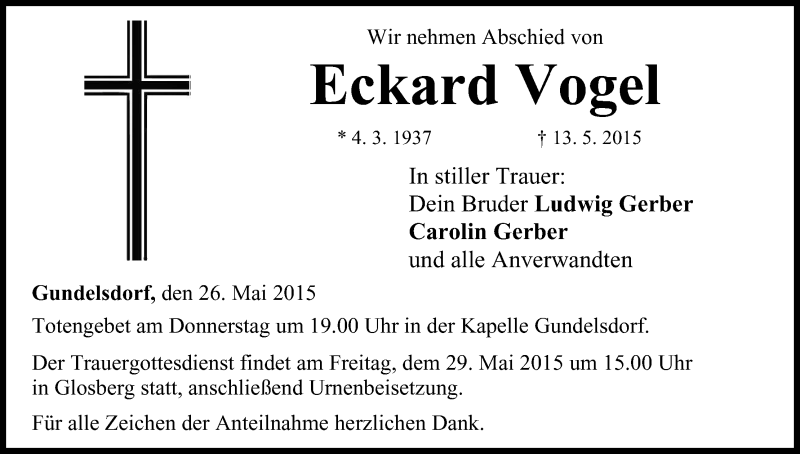  Traueranzeige für Eckard Vogel vom 26.05.2015 aus MGO