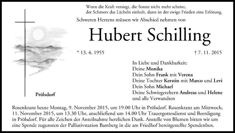  Traueranzeige für Hubert Schilling vom 09.11.2015 aus MGO
