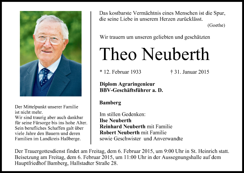  Traueranzeige für Theo Neuberth vom 04.02.2015 aus MGO