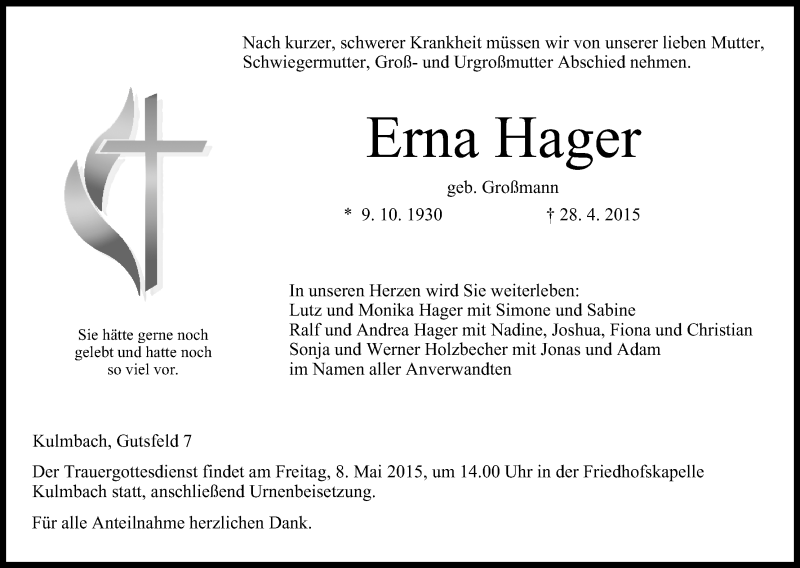  Traueranzeige für Erna Hager vom 05.05.2015 aus MGO