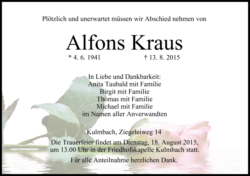  Traueranzeige für Alfons Kraus vom 15.08.2015 aus MGO