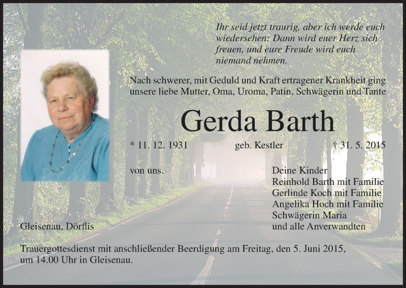  Traueranzeige für Gerda Barth vom 03.06.2015 aus MGO