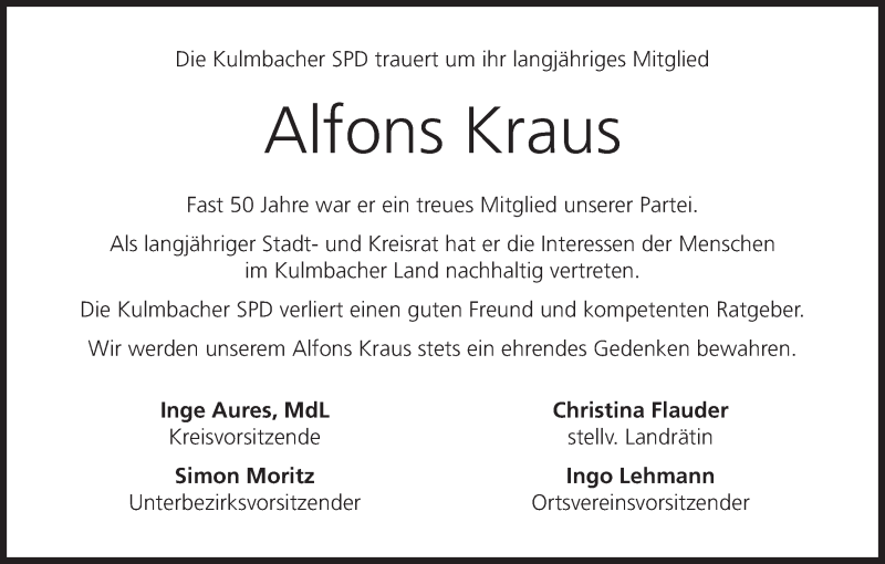  Traueranzeige für Alfons Kraus vom 18.08.2015 aus MGO