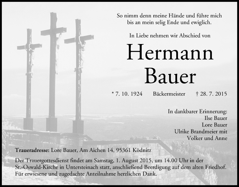  Traueranzeige für Hermann Bauer vom 30.07.2015 aus MGO