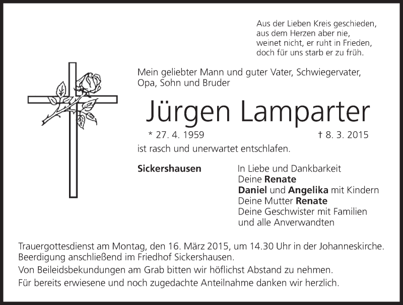  Traueranzeige für Jürgen Lamparter vom 14.03.2015 aus MGO