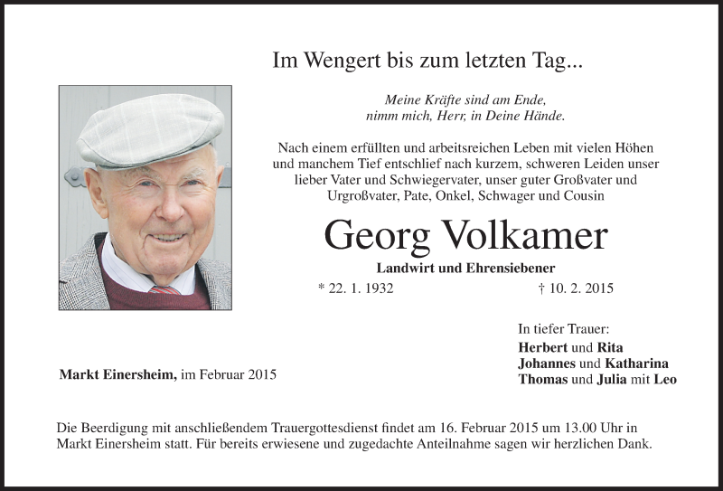  Traueranzeige für Georg Volkamer vom 14.02.2015 aus MGO