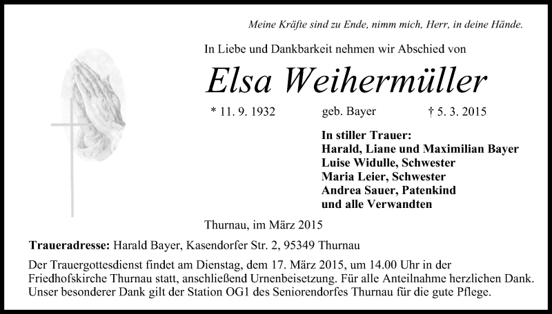  Traueranzeige für Elsa Weihermüller vom 14.03.2015 aus MGO