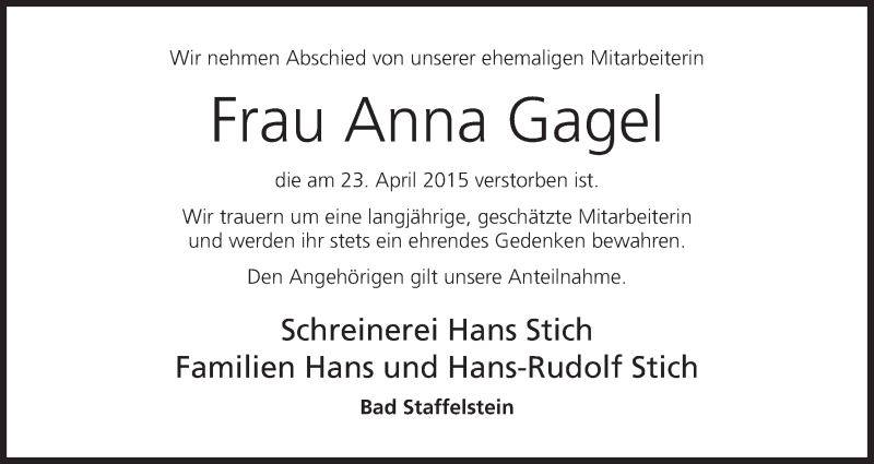  Traueranzeige für Anna Gagel vom 29.04.2015 aus MGO