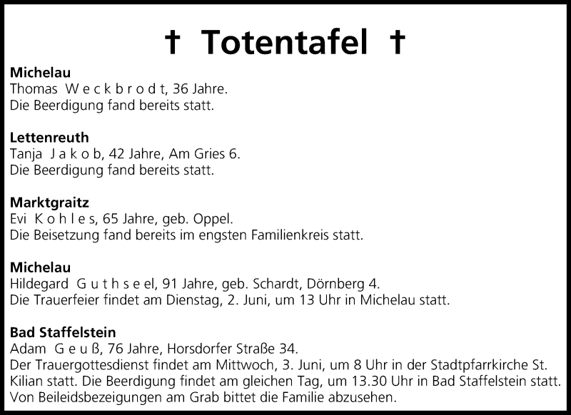  Traueranzeige für Totentafel vom 02.06.2015 vom 02.06.2015 aus MGO