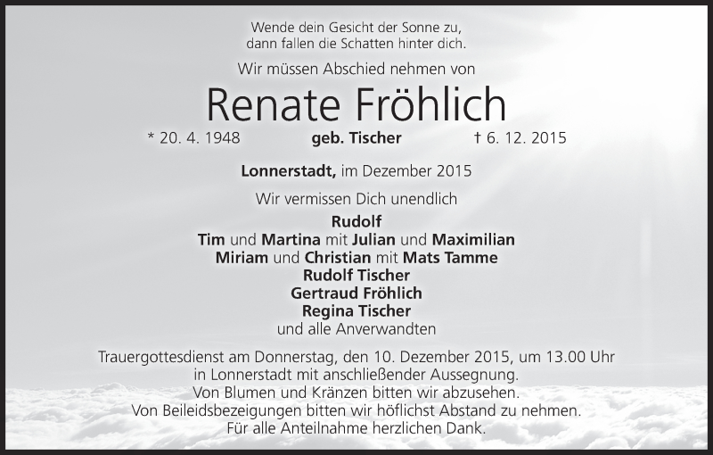  Traueranzeige für Renate Fröhlich vom 08.12.2015 aus MGO