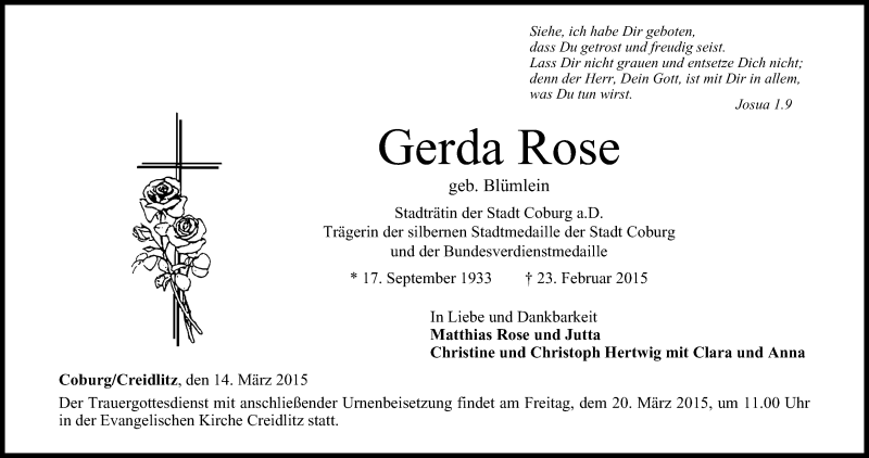  Traueranzeige für Gerda Rose vom 14.03.2015 aus MGO