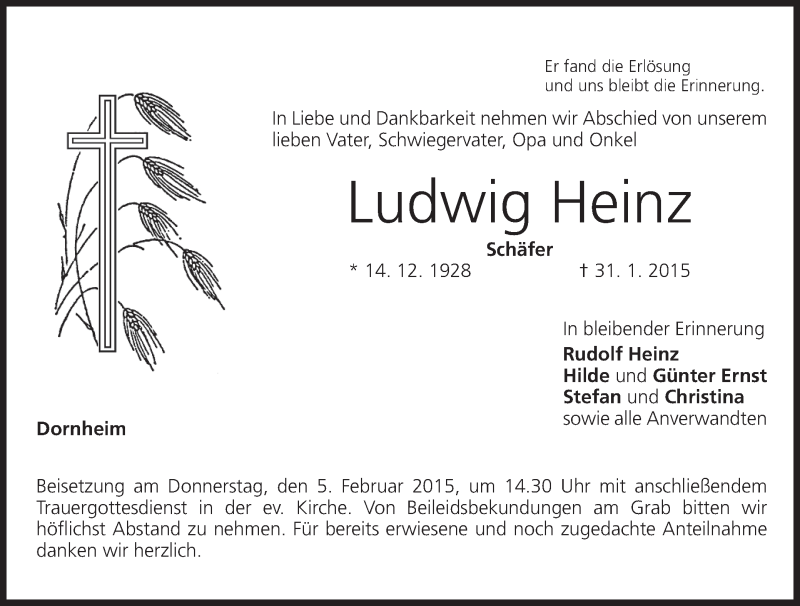  Traueranzeige für Ludwig Heinz vom 03.02.2015 aus MGO