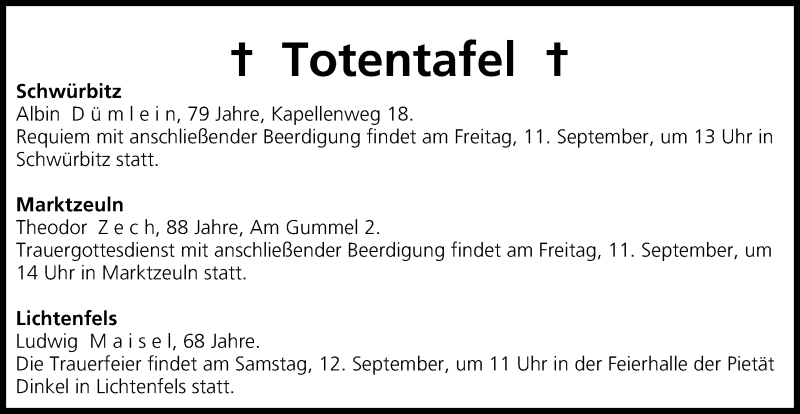  Traueranzeige für Totentafel vom 11.09.2015 vom 11.09.2015 aus MGO