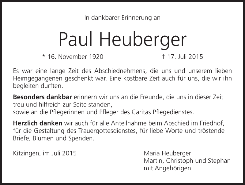  Traueranzeige für Paul Heuberger vom 14.08.2015 aus MGO
