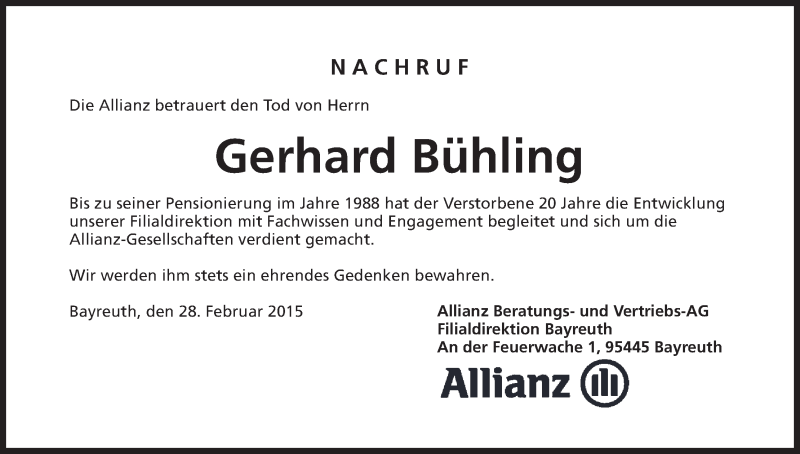  Traueranzeige für Gerhard Bühling vom 28.02.2015 aus MGO