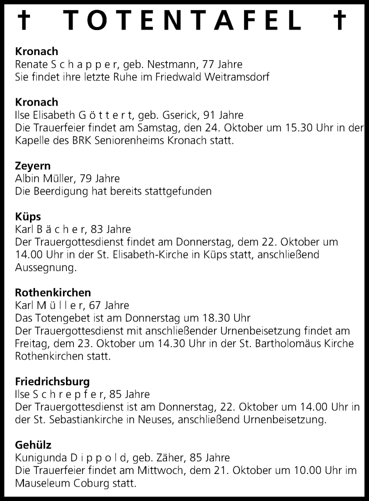  Traueranzeige für Totentafel vom 21.10.2015 vom 21.10.2015 aus MGO