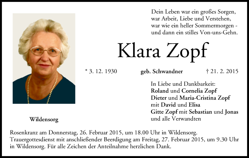  Traueranzeige für Klara Zopf vom 24.02.2015 aus MGO