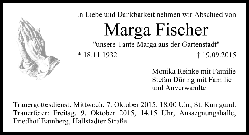  Traueranzeige für Marga Fischer vom 07.10.2015 aus MGO