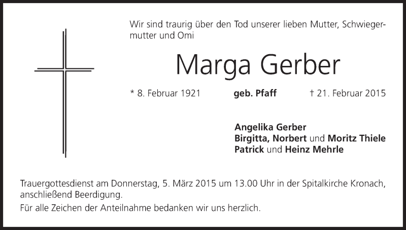  Traueranzeige für Marga Gerber vom 02.03.2015 aus MGO