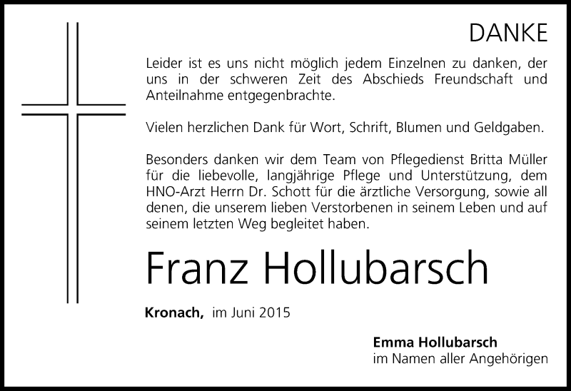  Traueranzeige für Franz Hollubarsch vom 25.06.2015 aus MGO