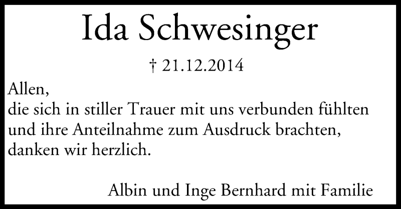  Traueranzeige für Ida Schwesinger vom 17.01.2015 aus MGO