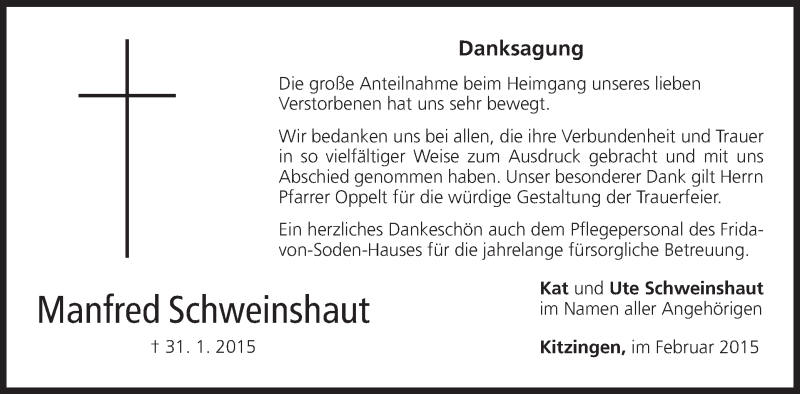  Traueranzeige für Manfred Schweinshaut vom 19.02.2015 aus MGO