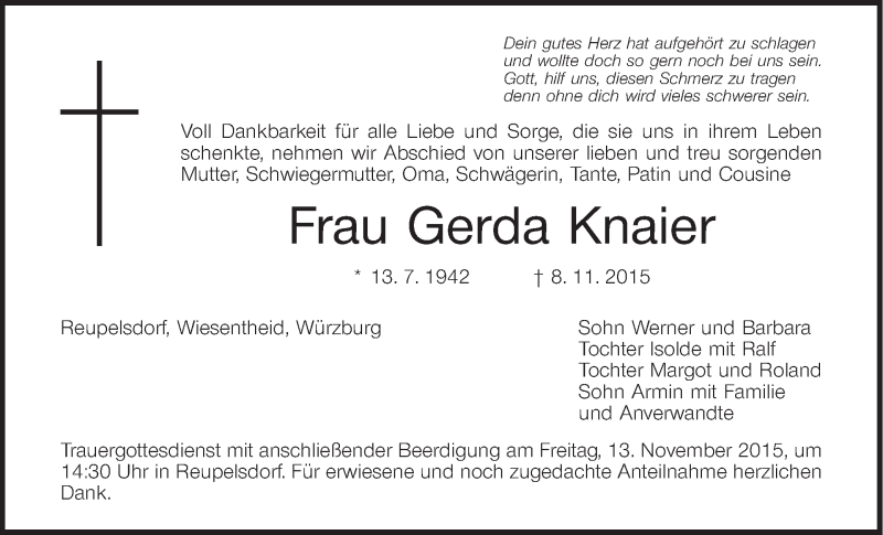  Traueranzeige für Gerda Knaier vom 11.11.2015 aus MGO