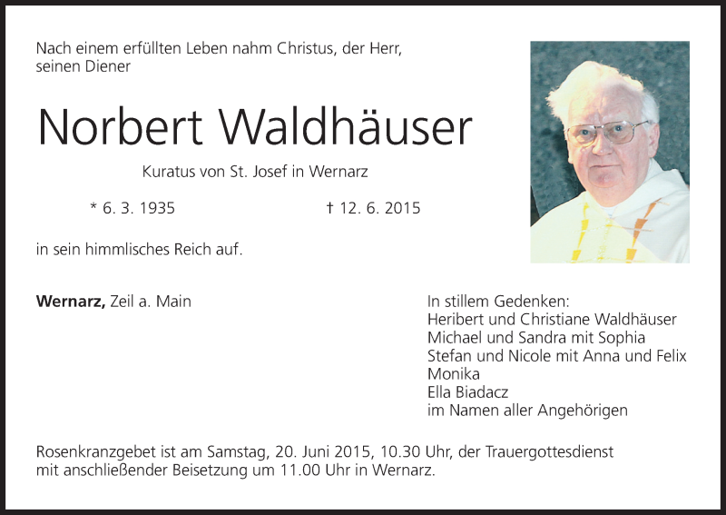  Traueranzeige für Norbert Waldhäuser vom 17.06.2015 aus MGO
