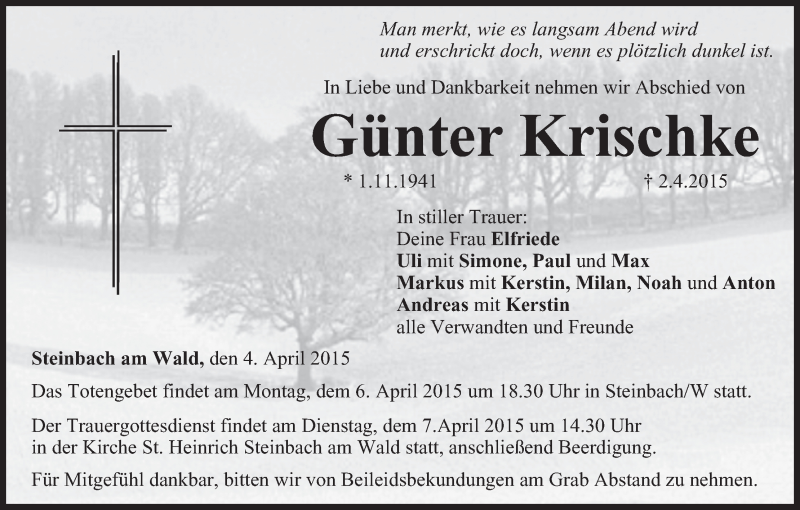  Traueranzeige für Günter Krischke vom 04.04.2015 aus MGO