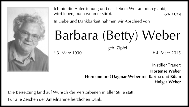  Traueranzeige für Barbara Weber vom 28.03.2015 aus MGO