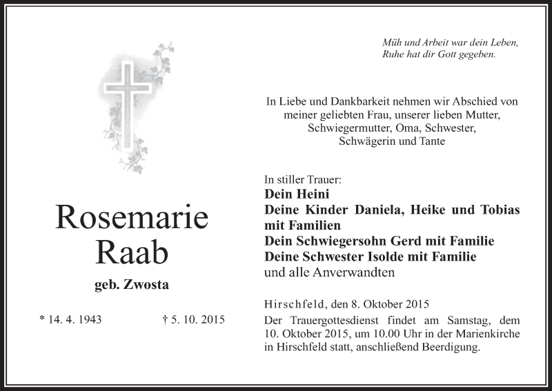  Traueranzeige für Rosemarie Raab vom 08.10.2015 aus MGO