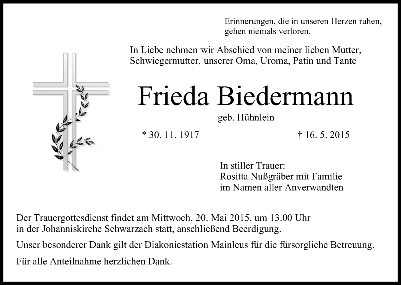  Traueranzeige für Frieda Biedermann vom 18.05.2015 aus MGO