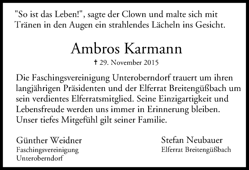  Traueranzeige für Ambros Karmann vom 02.12.2015 aus MGO