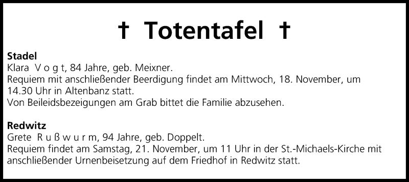  Traueranzeige für Totentafel vom 18.11.2015 vom 18.11.2015 aus MGO