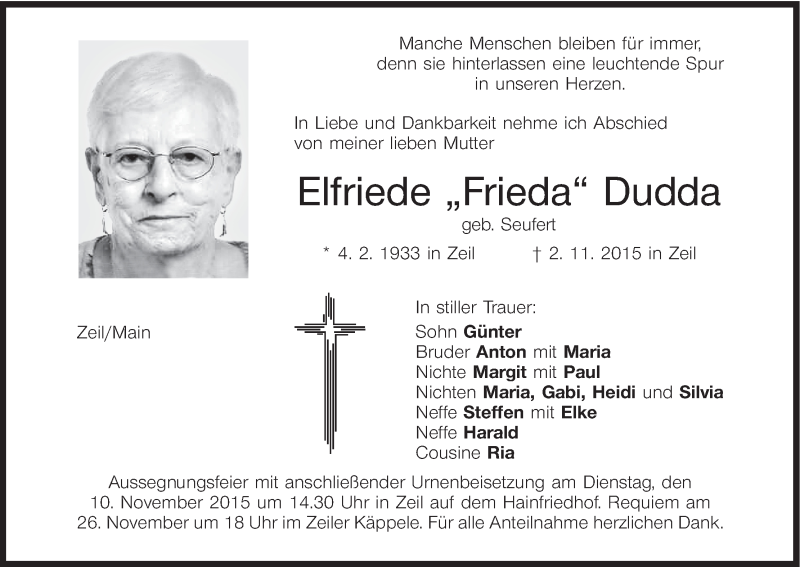  Traueranzeige für Elfriede  Dudda vom 07.11.2015 aus MGO