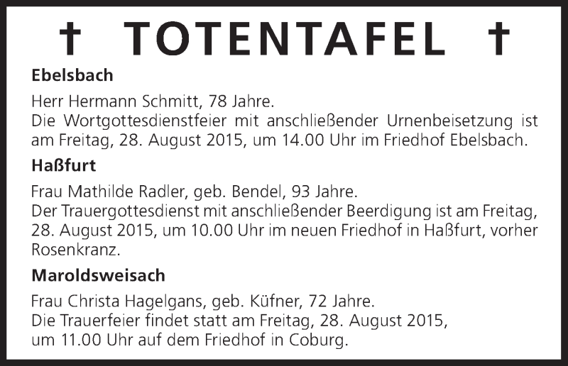  Traueranzeige für Totentafel vom 27.08.2015 vom 27.08.2015 aus MGO