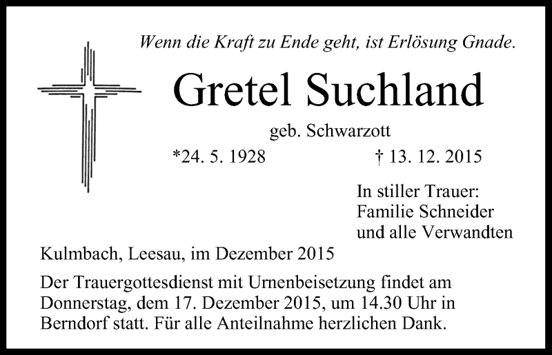  Traueranzeige für Gretel Suchland vom 15.12.2015 aus MGO