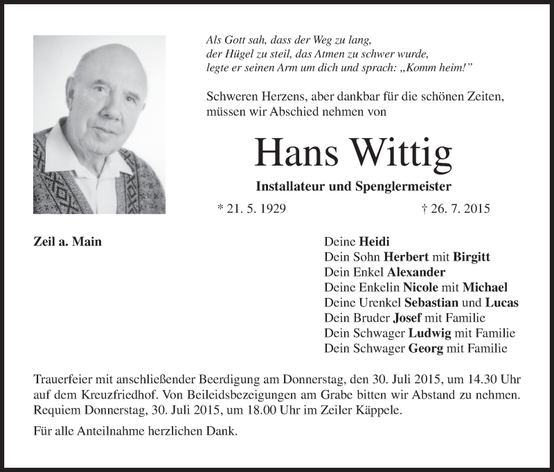  Traueranzeige für Hans Wittig vom 28.07.2015 aus MGO