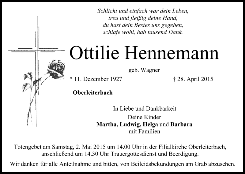  Traueranzeige für Ottilie Hennemann vom 30.04.2015 aus MGO