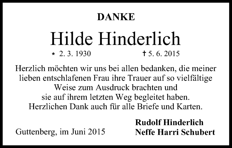  Traueranzeige für Hilde Hinderlich vom 20.06.2015 aus MGO