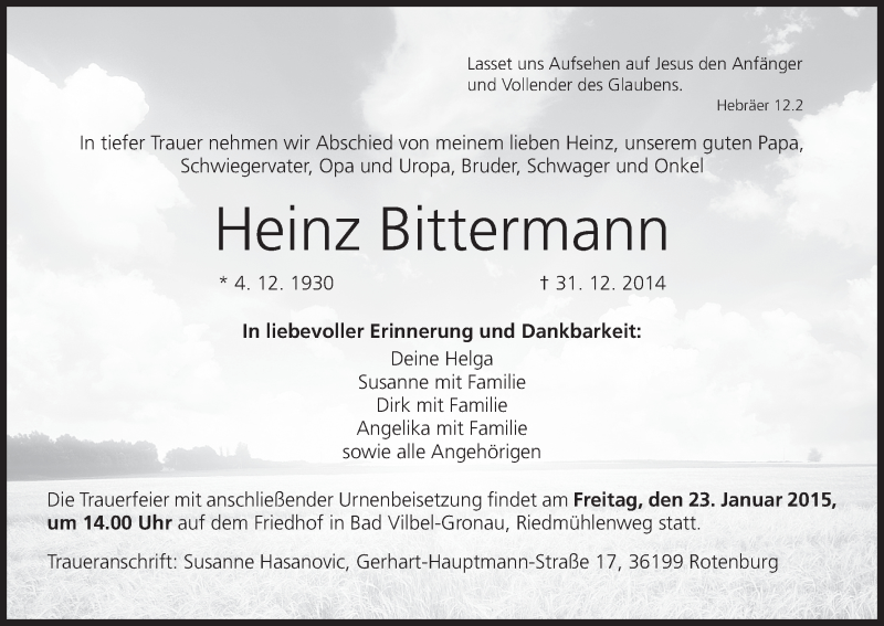  Traueranzeige für Heinz Bittermann vom 19.01.2015 aus MGO
