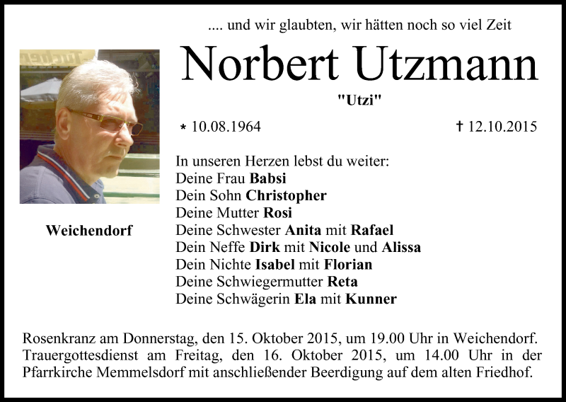  Traueranzeige für Norbert Utzmann vom 14.10.2015 aus MGO