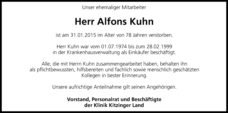  Traueranzeige für Alfons Kuhn vom 07.02.2015 aus MGO