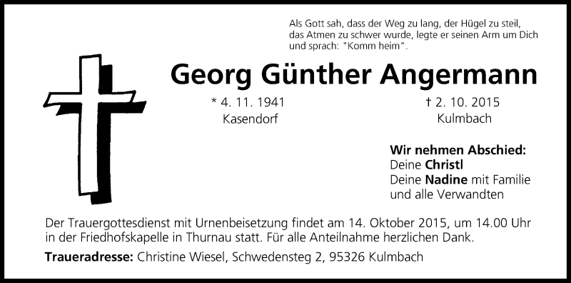  Traueranzeige für Georg Günther Angermann vom 10.10.2015 aus MGO