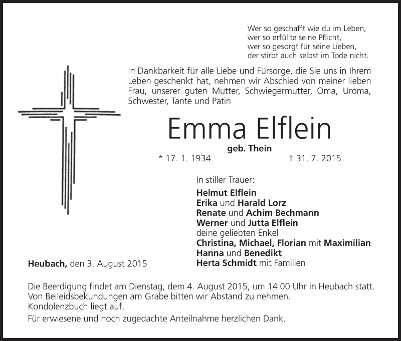  Traueranzeige für Emma Elflein vom 03.08.2015 aus MGO