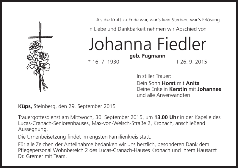  Traueranzeige für Johanna Fiedler vom 29.09.2015 aus MGO